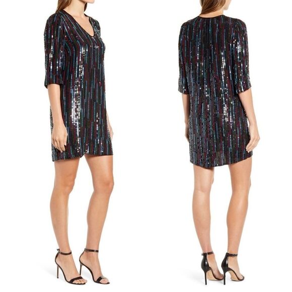 NEW! Anthro Elisa Rainbow Sequin Vertical Striped Shirt Dress - Picture 3 of 15